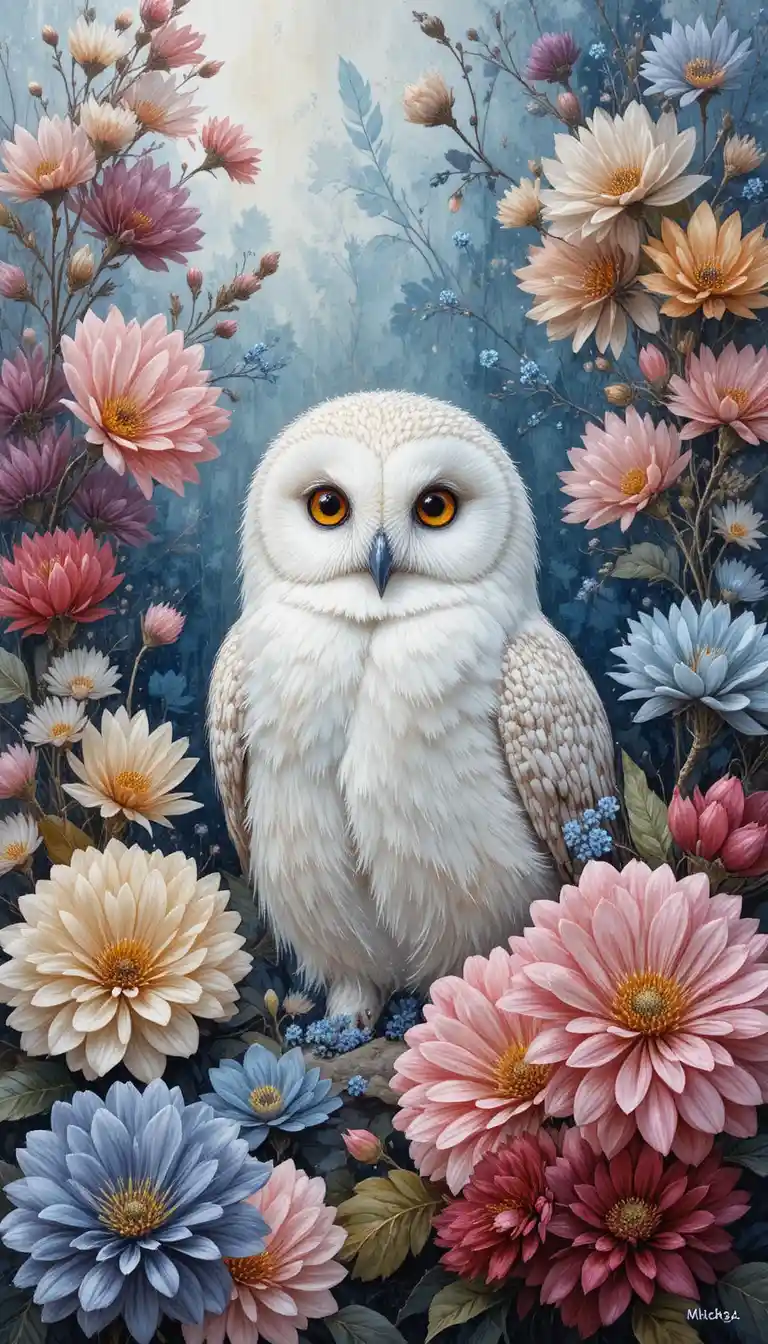 White snowy owl with colorful flowers in wool painting