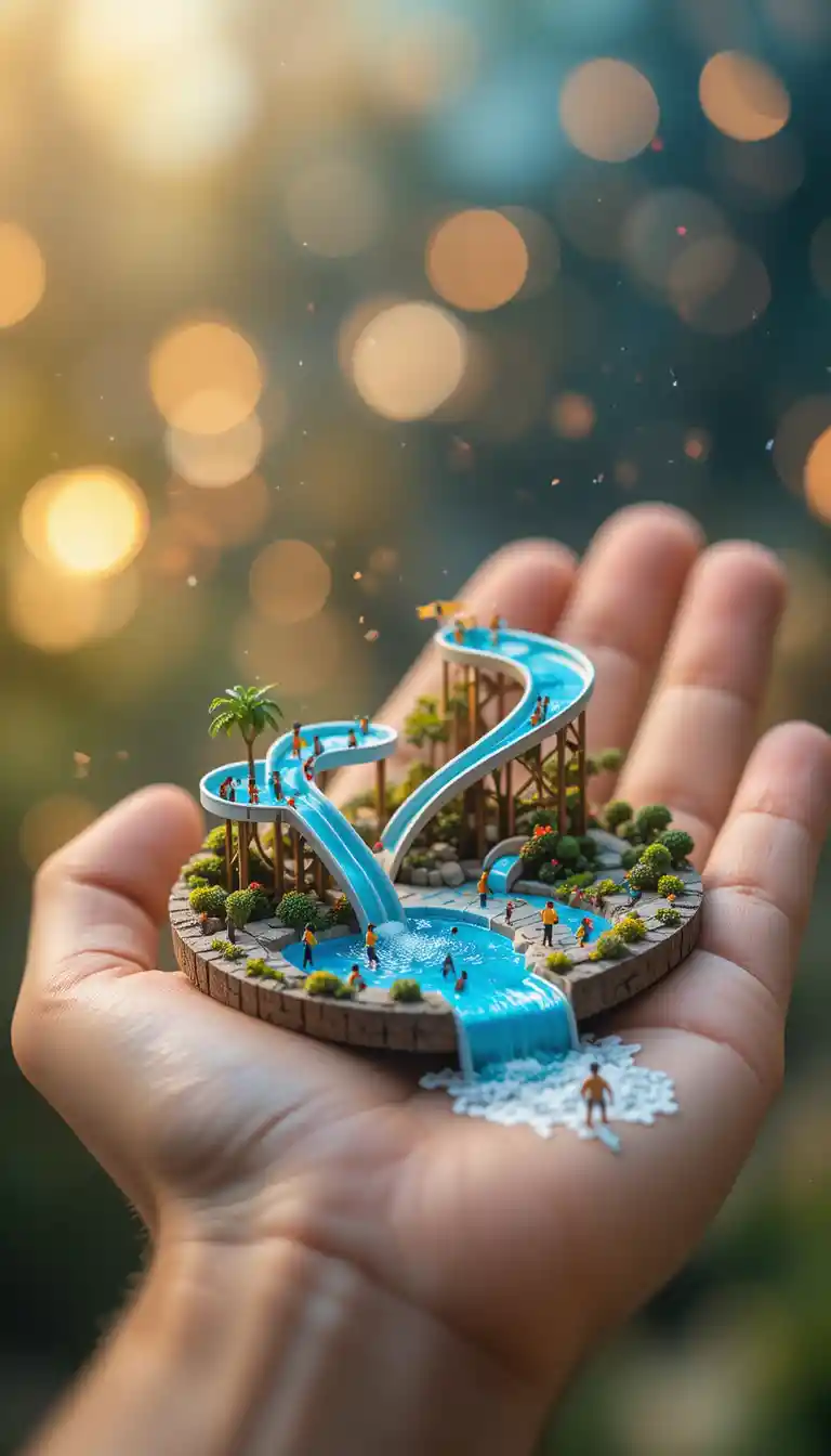 Tiny aqua park spilling from an open human hand