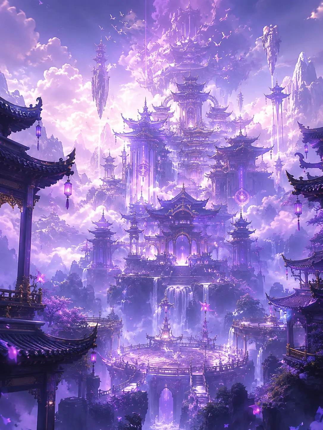 Tempio cinese celestiale che fluttua sopra montagne viola avvolte nella nebbia