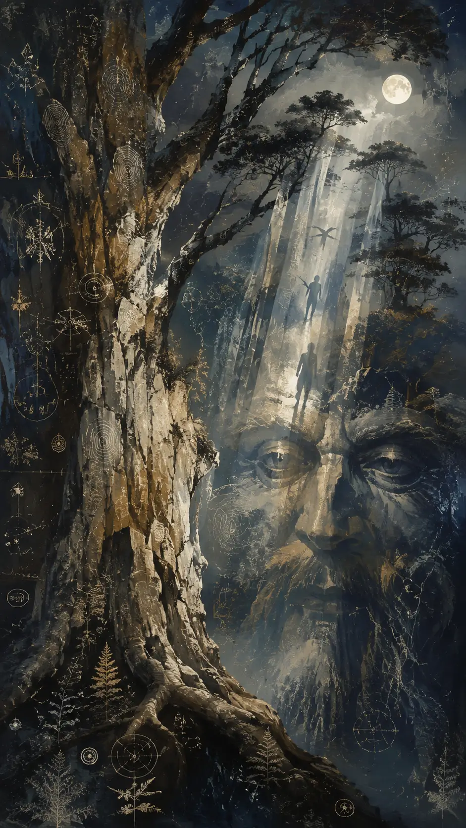 Ancient trees forming an abstract guardian face