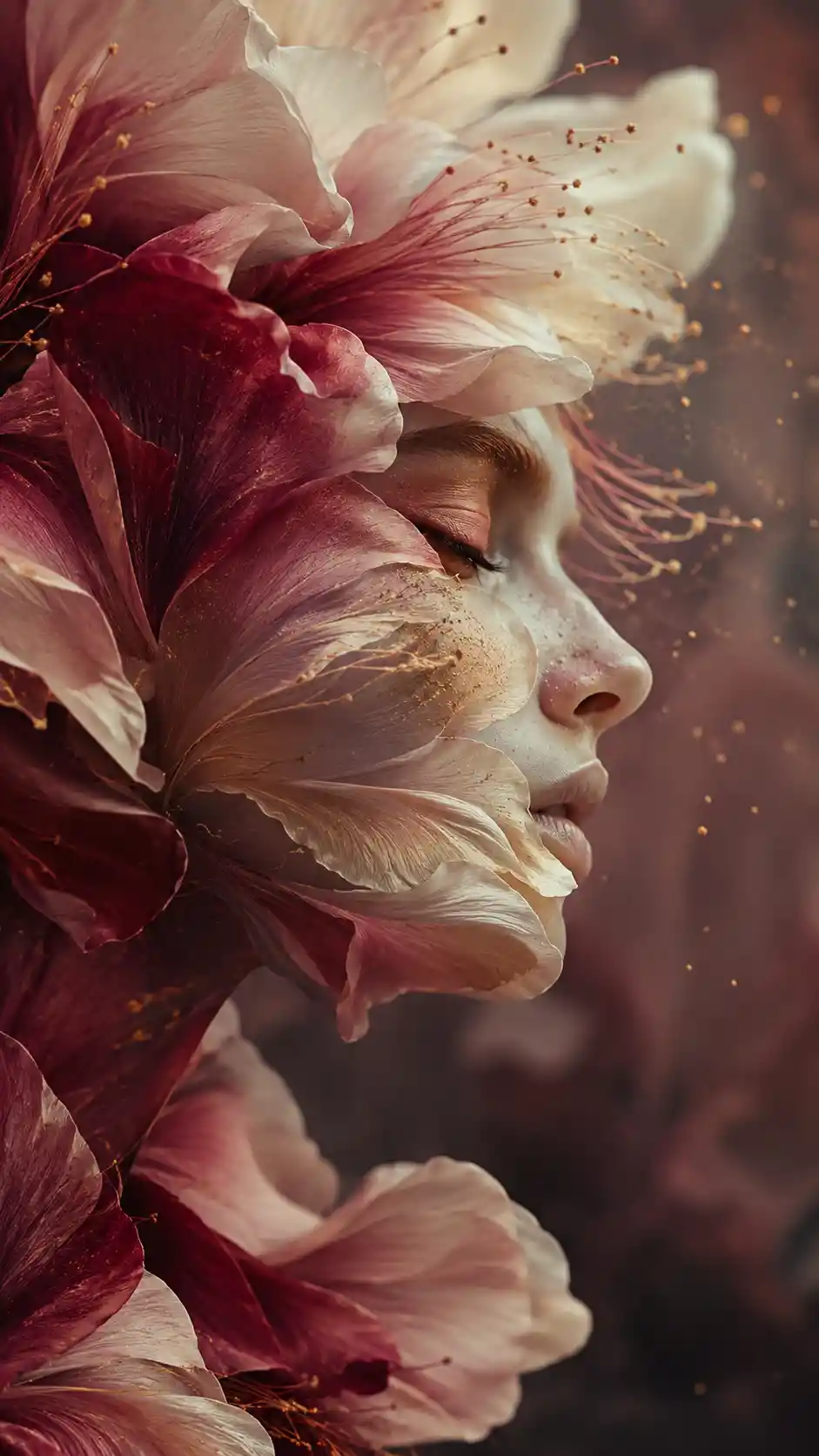 Ritratto floreale surreale di una donna fusa con petali in fiore