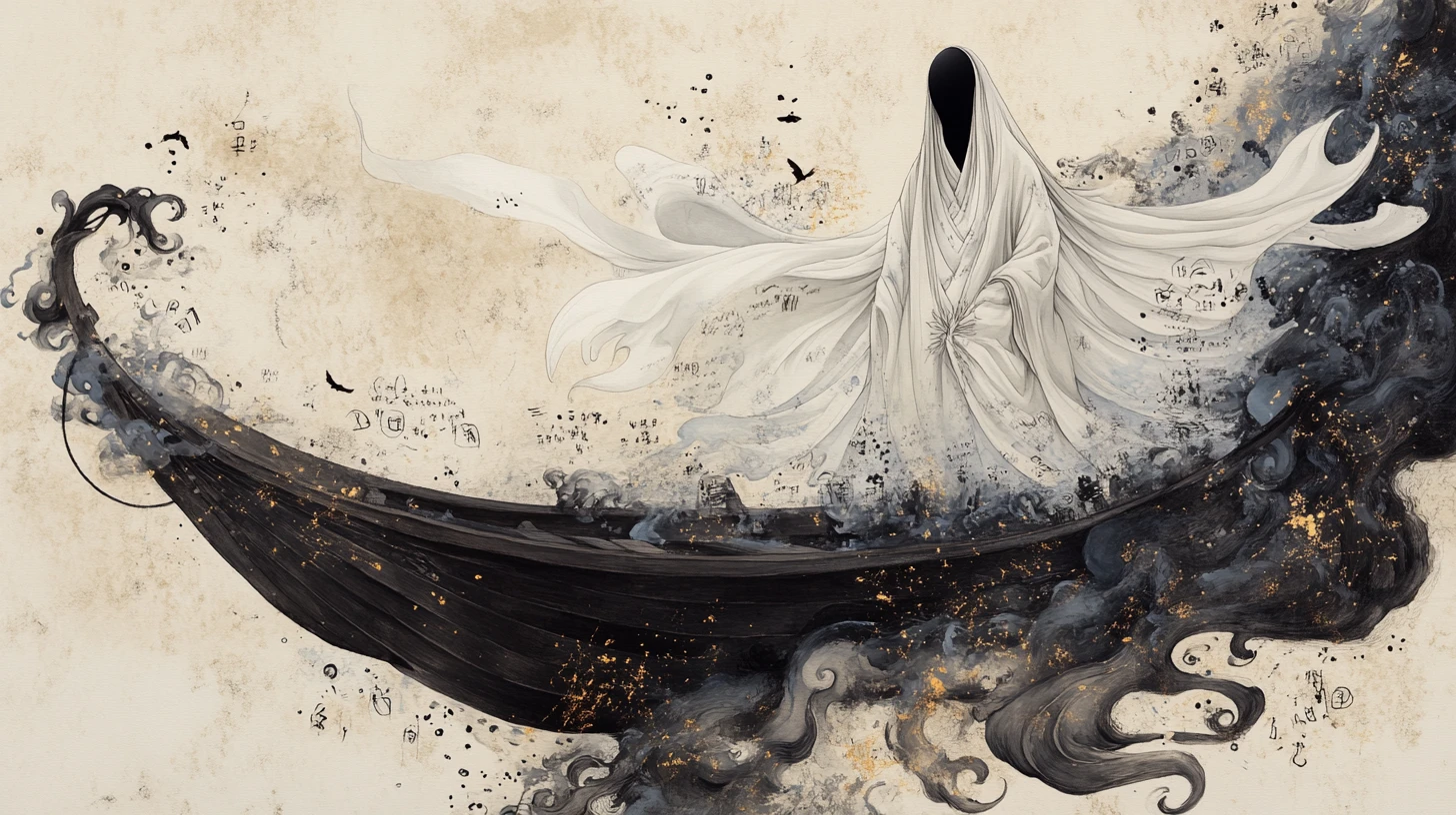 Elegant ink psychopomp emerging from sweeping sumi strokes