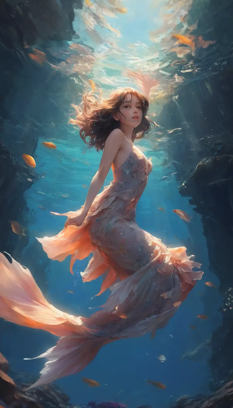 Graceful mermaid with flowing fins in dreamy underwater scene