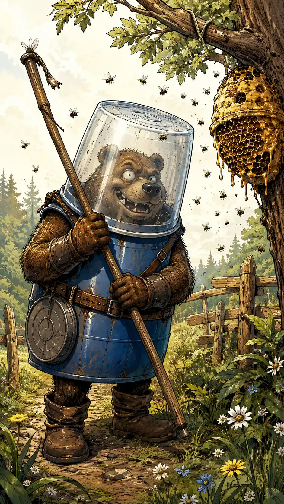Orso cartoon con armatura di barile e testa in un secchio di plastica