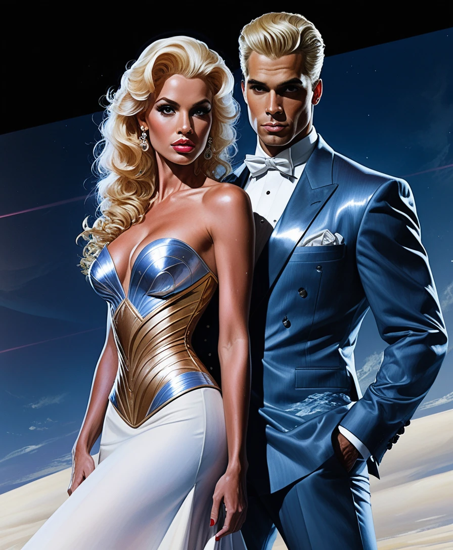 Blonde fantasy fashion woman in elegant formal gala gown