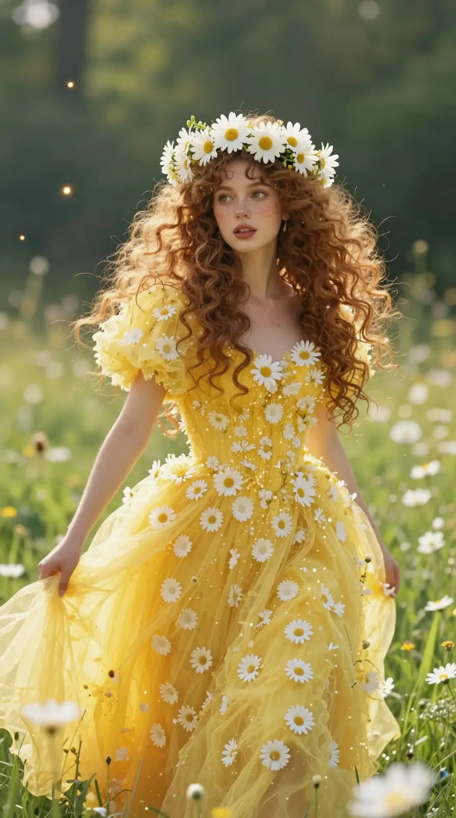 Woman in daisy dress in a glowing enchanted meadow