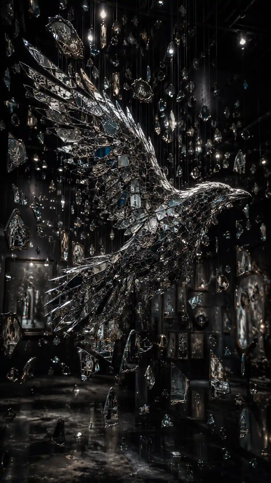 Raven silhouette formed by suspended broken mirrors in gallery
