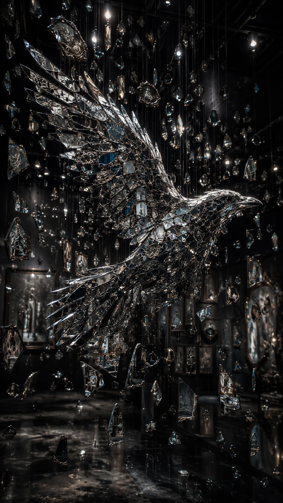 Raven silhouette formed by suspended broken mirrors in gallery