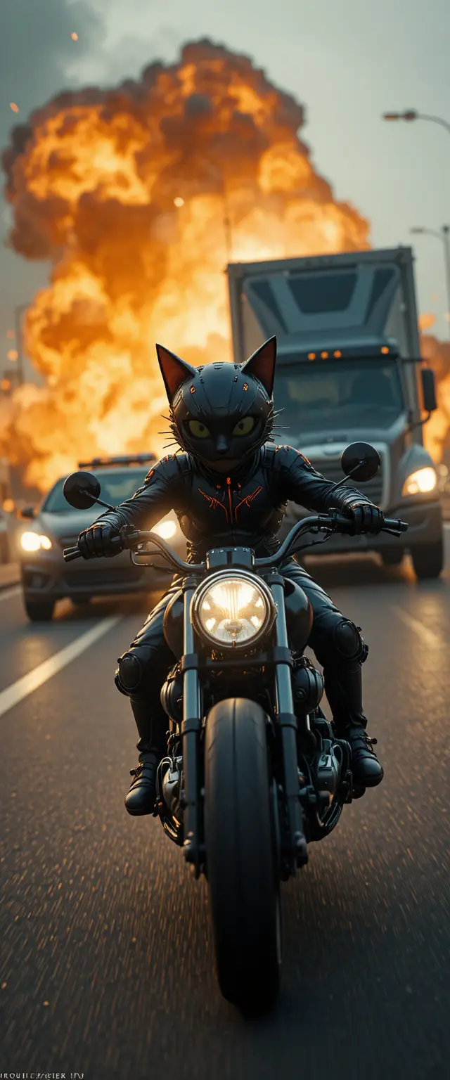 Futuristic black cat on a motorbike chasing cars on highway