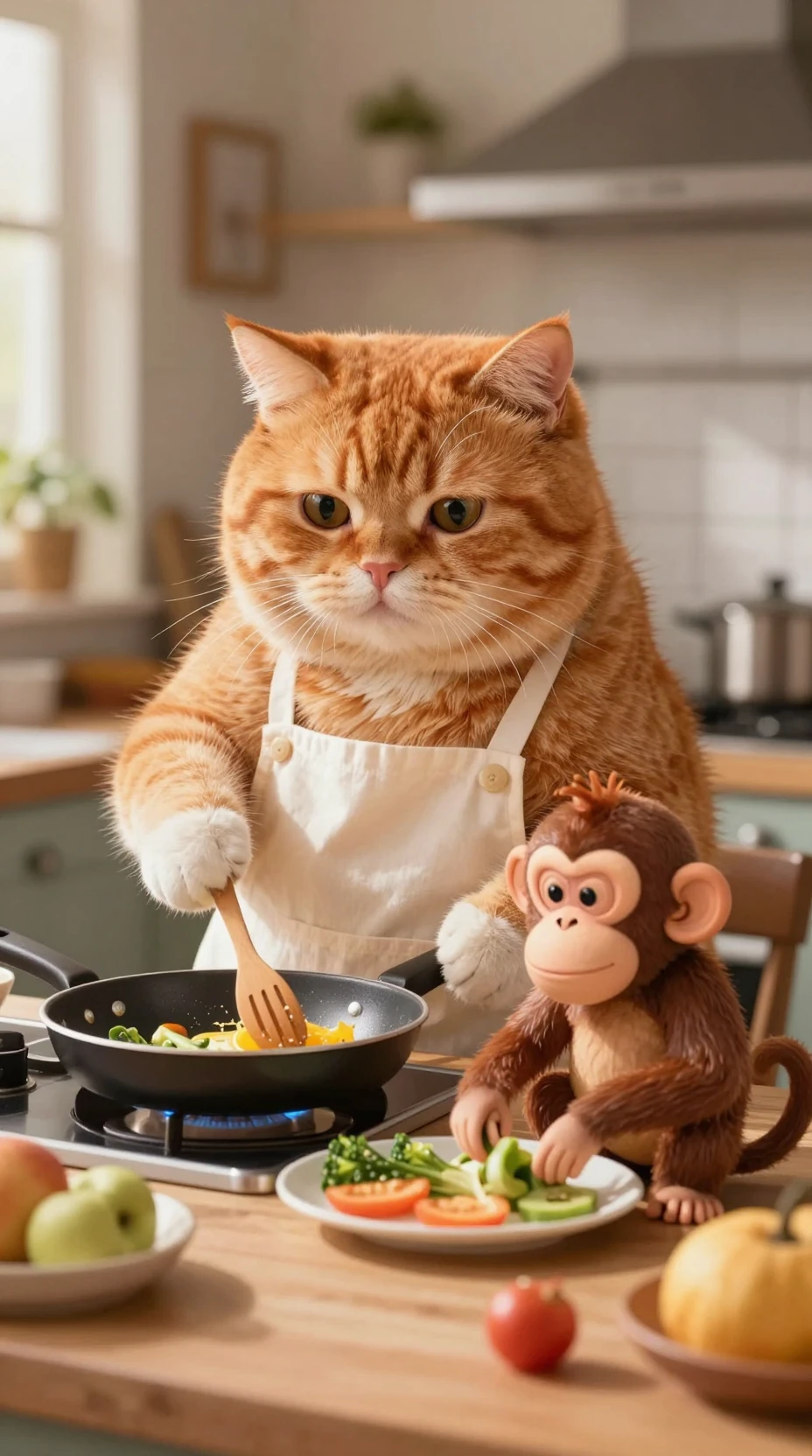 Orange cat and monkey cooking together in cozy kitchen