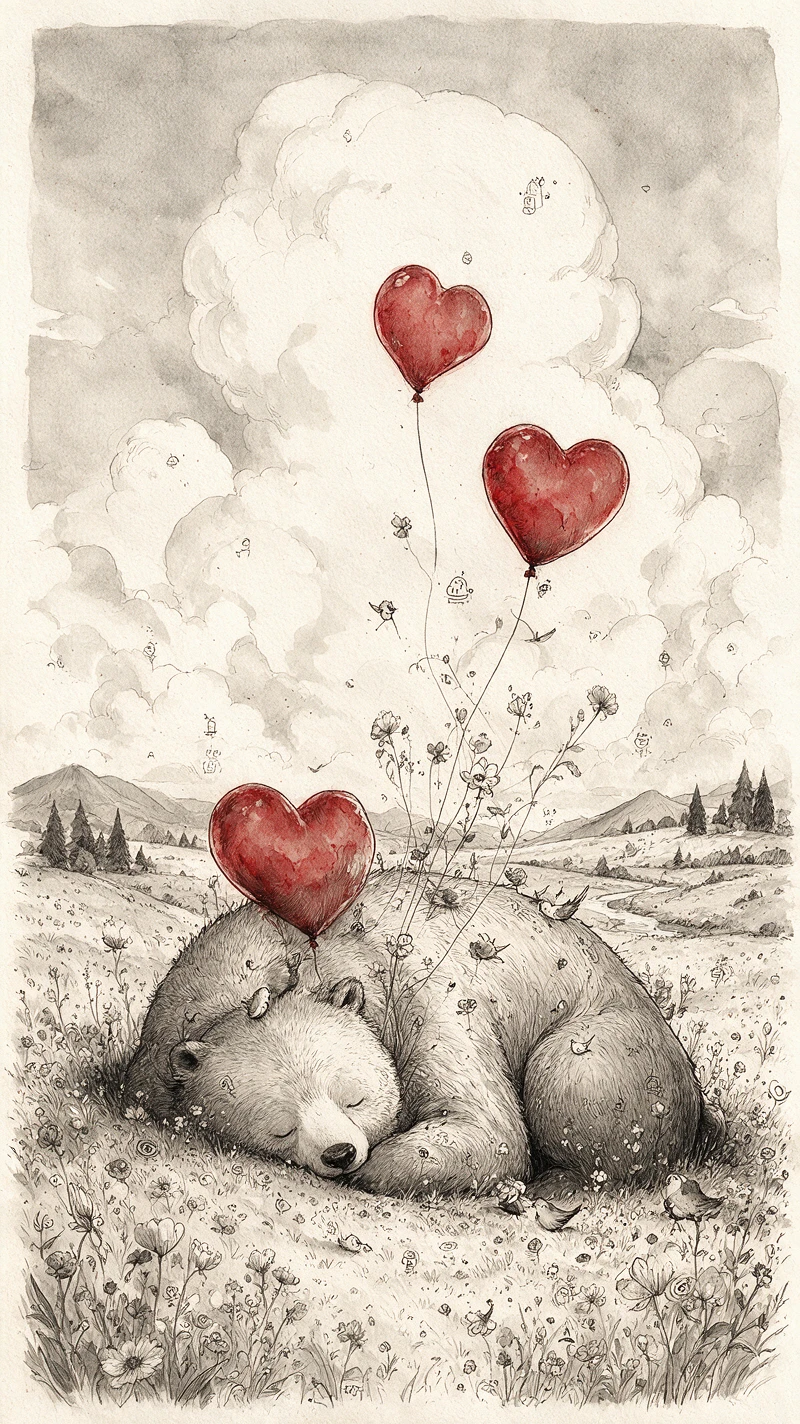Tiny child floating beside a giant bear of heart balloons