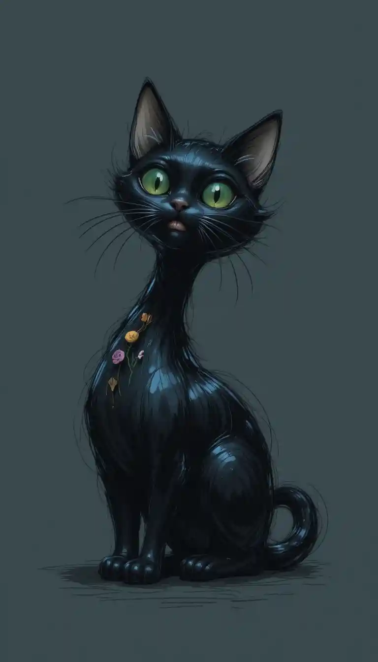 Long black cartoon cat holding a bellflower in profile