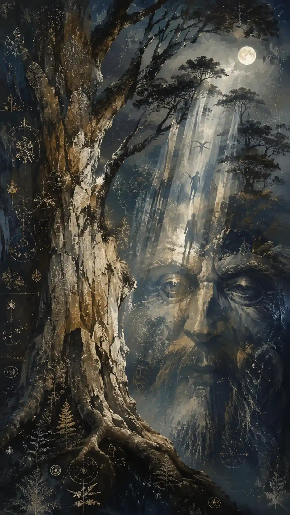 Ancient trees forming an abstract guardian face