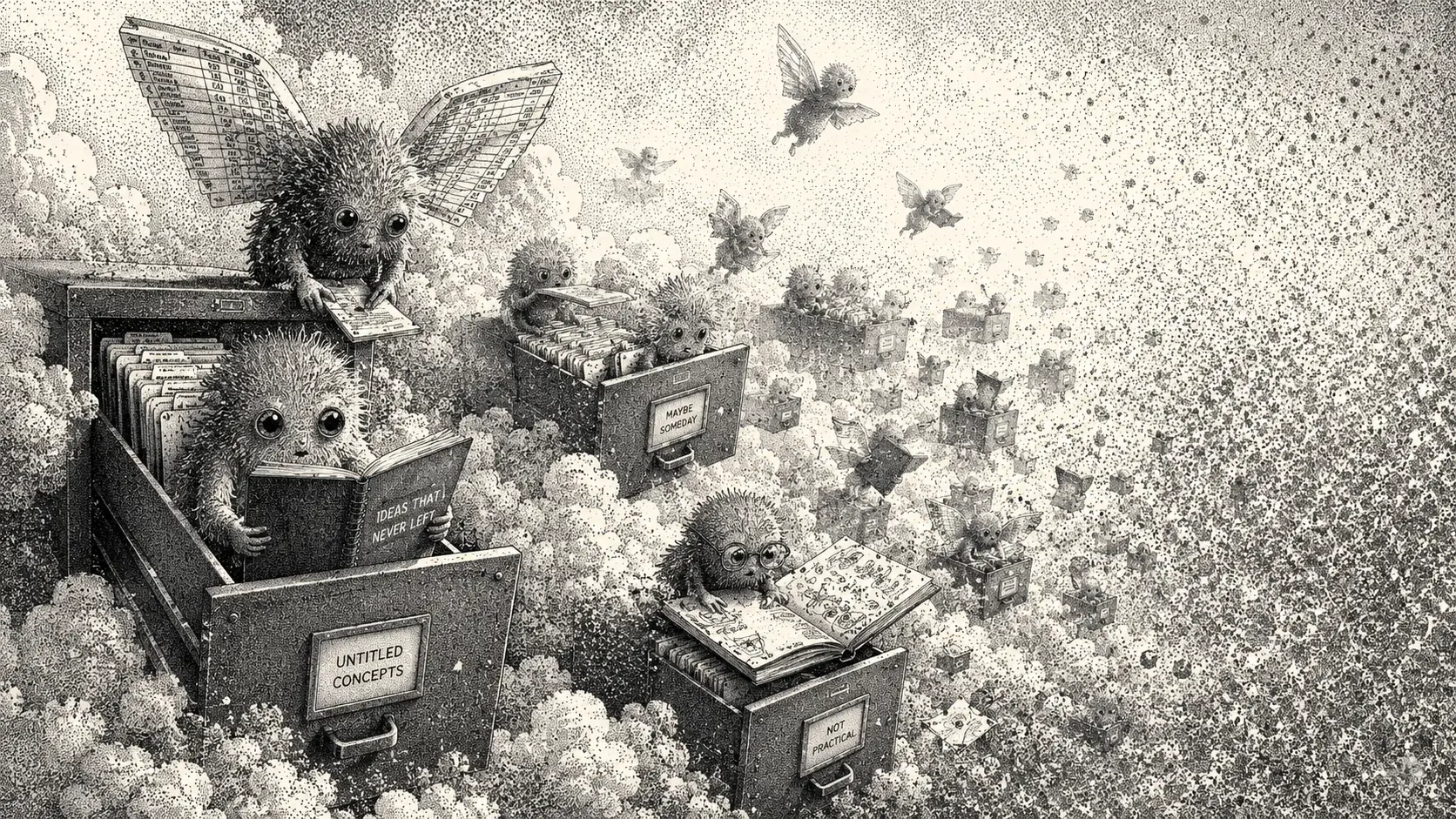 Fuzzy fantasy creatures inhabiting floating filing cabinets in clouds
