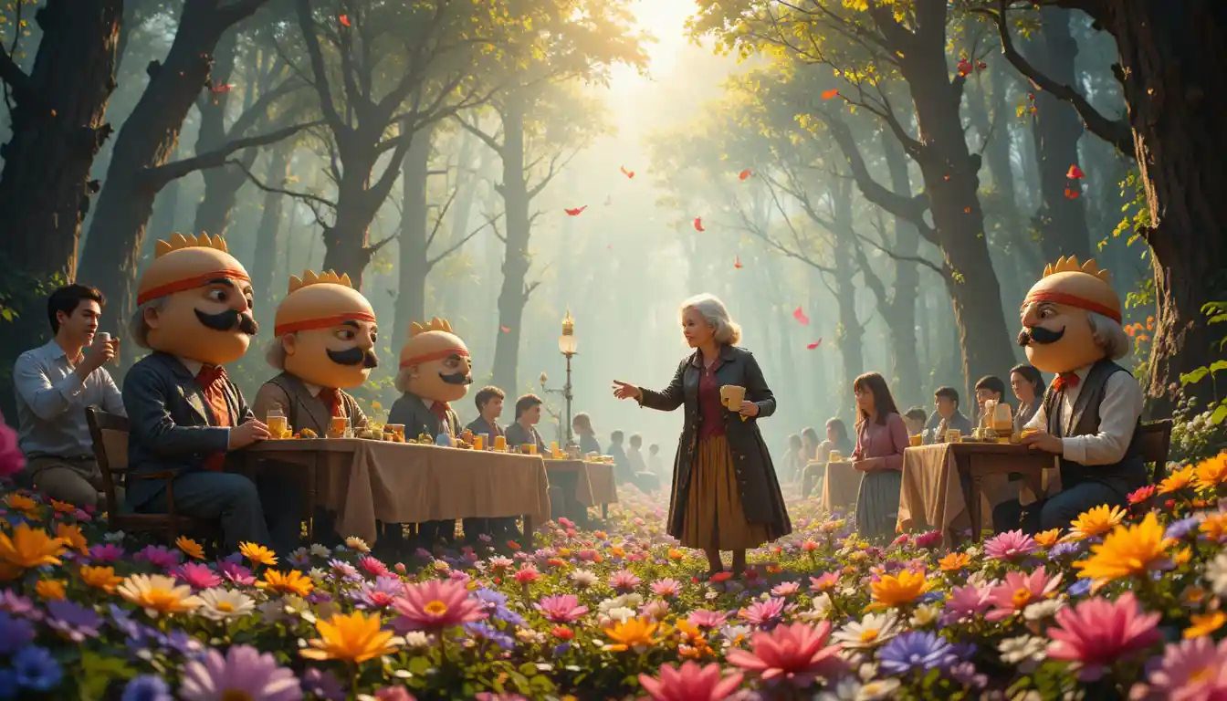 Anthropomorphic burger kings at a forest coffee party
