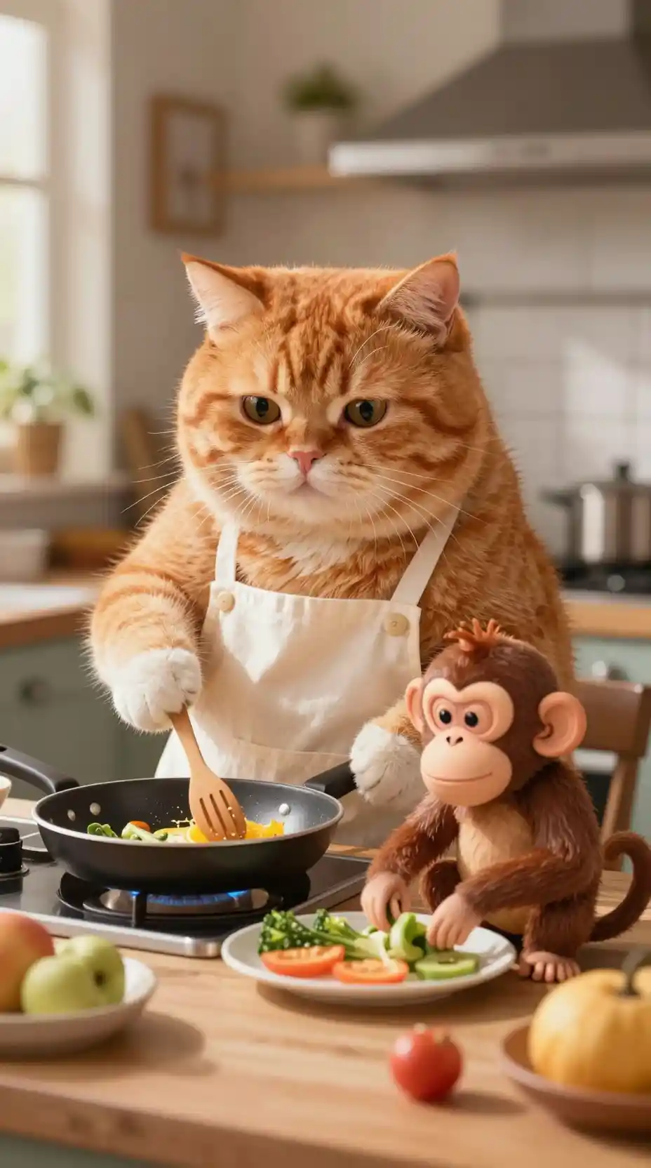 Orange cat and monkey cooking together in cozy kitchen