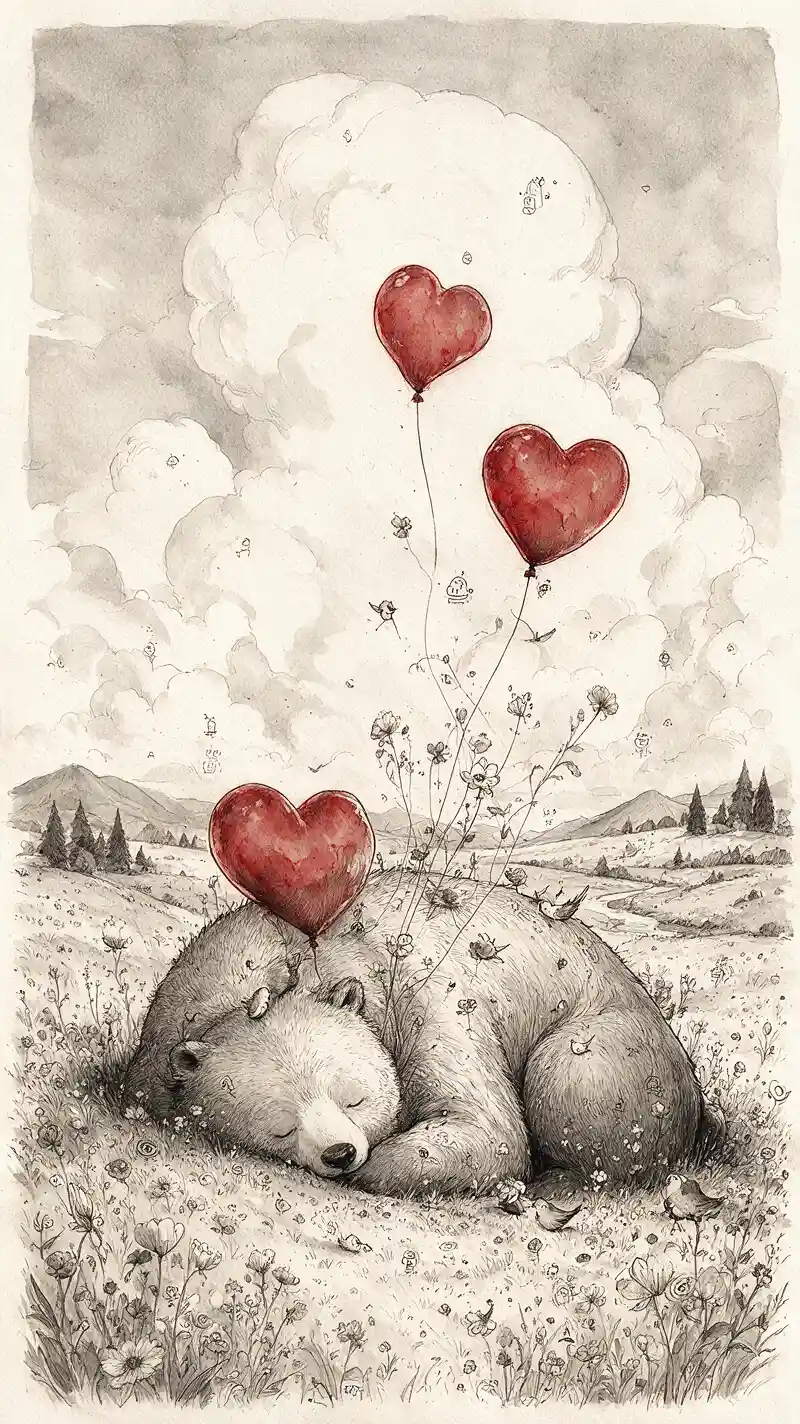 Tiny child floating beside a giant bear of heart balloons