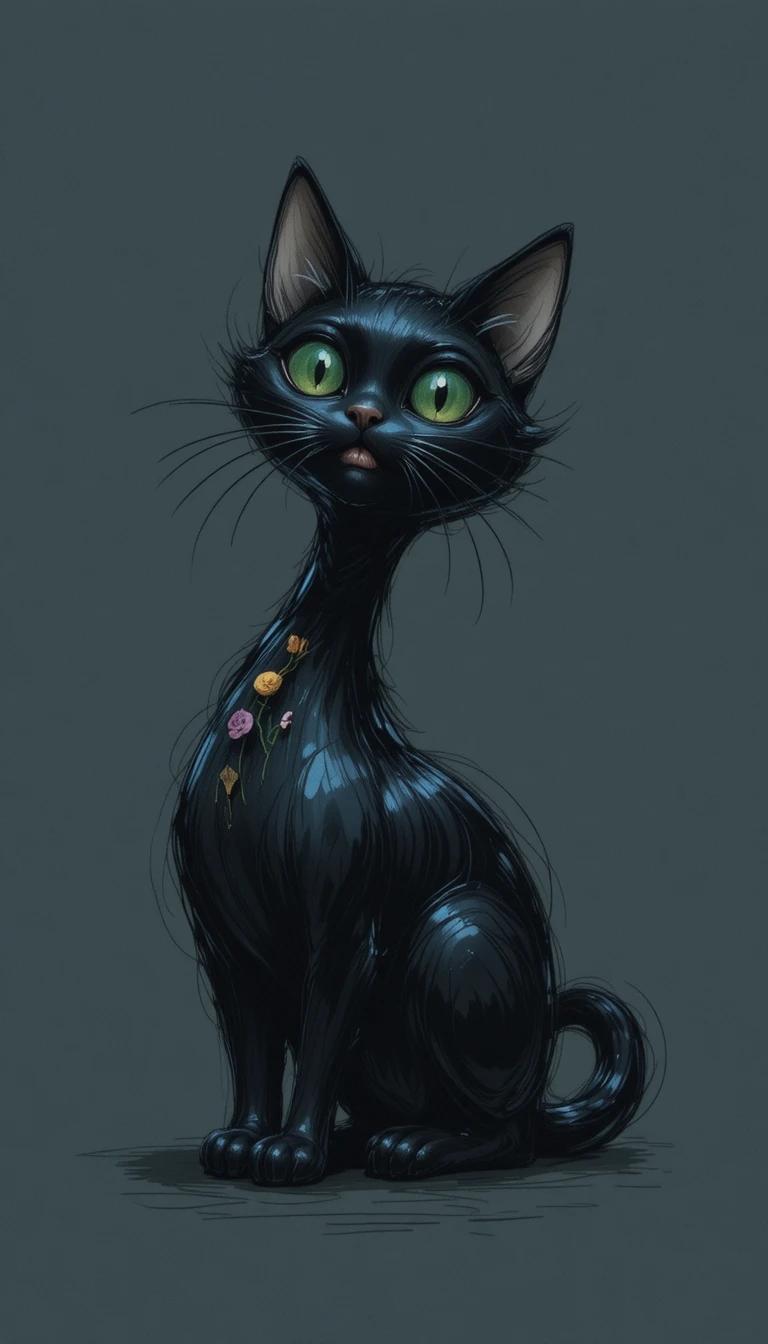 Long black cartoon cat holding a bellflower in profile