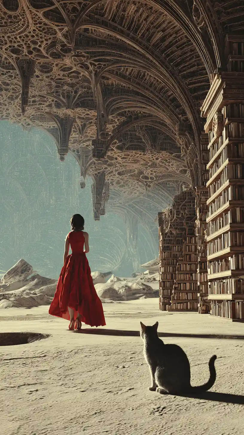 Surreale biblioteca sommersa in una città sottomarina aliena