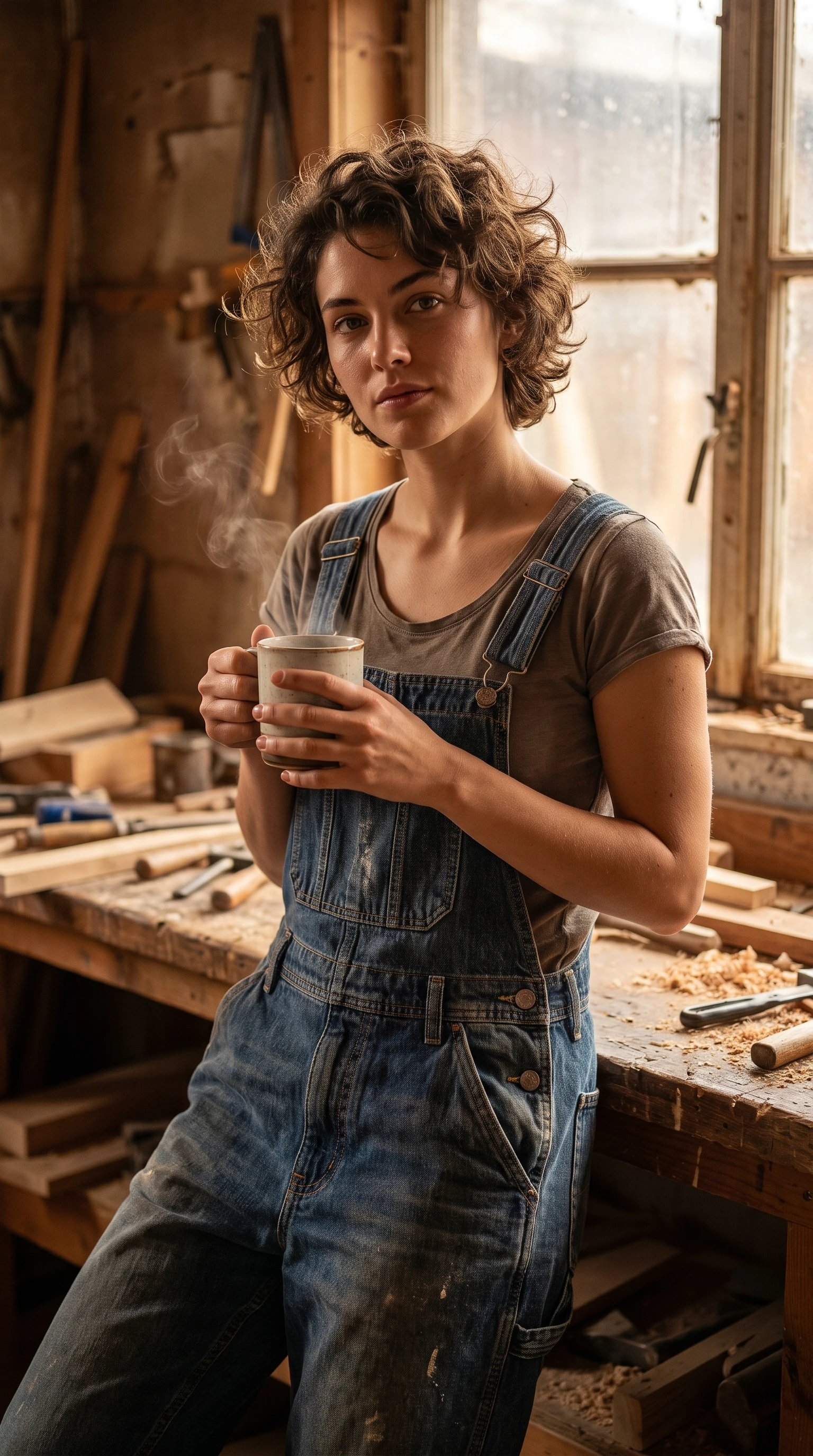 Young woman on a coffee break in a cozy wood workshop