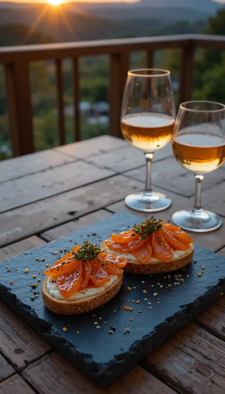 Bruschetta Appetizer On Black Plate At Sunset Terrace