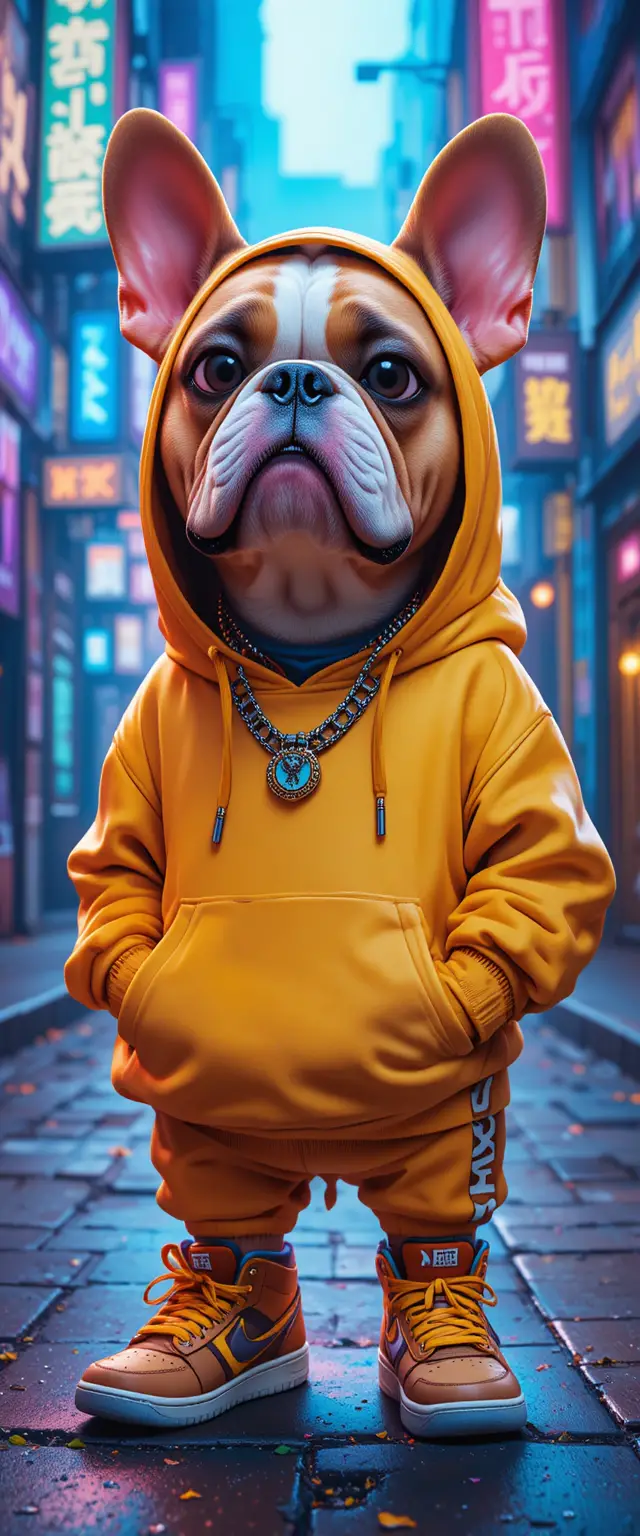 Bulldog Rapper in Stile Cartoon al Neon in un Colorato Vicolo Urbano