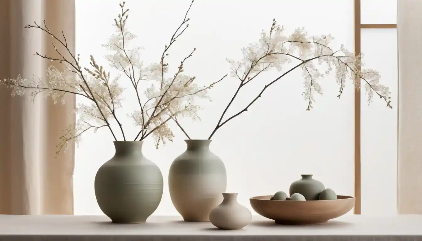 Serene Japandi interior with ceramics and soft morning light