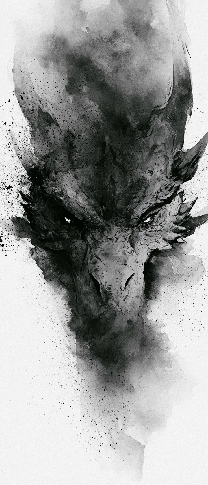 Ink wash portrait of an ancient dragon face in stormy tones
