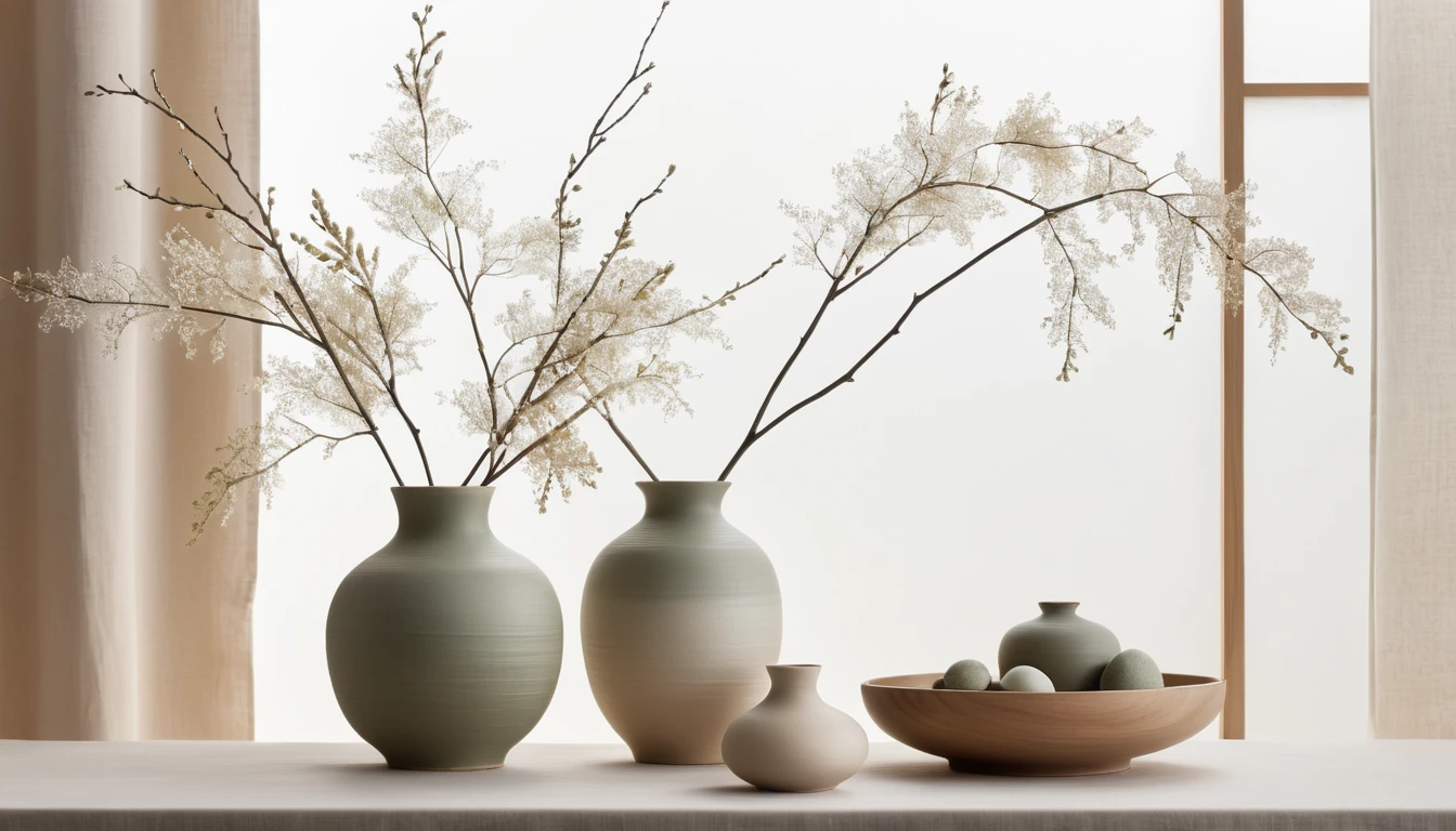 Serene Japandi interior with ceramics and soft morning light