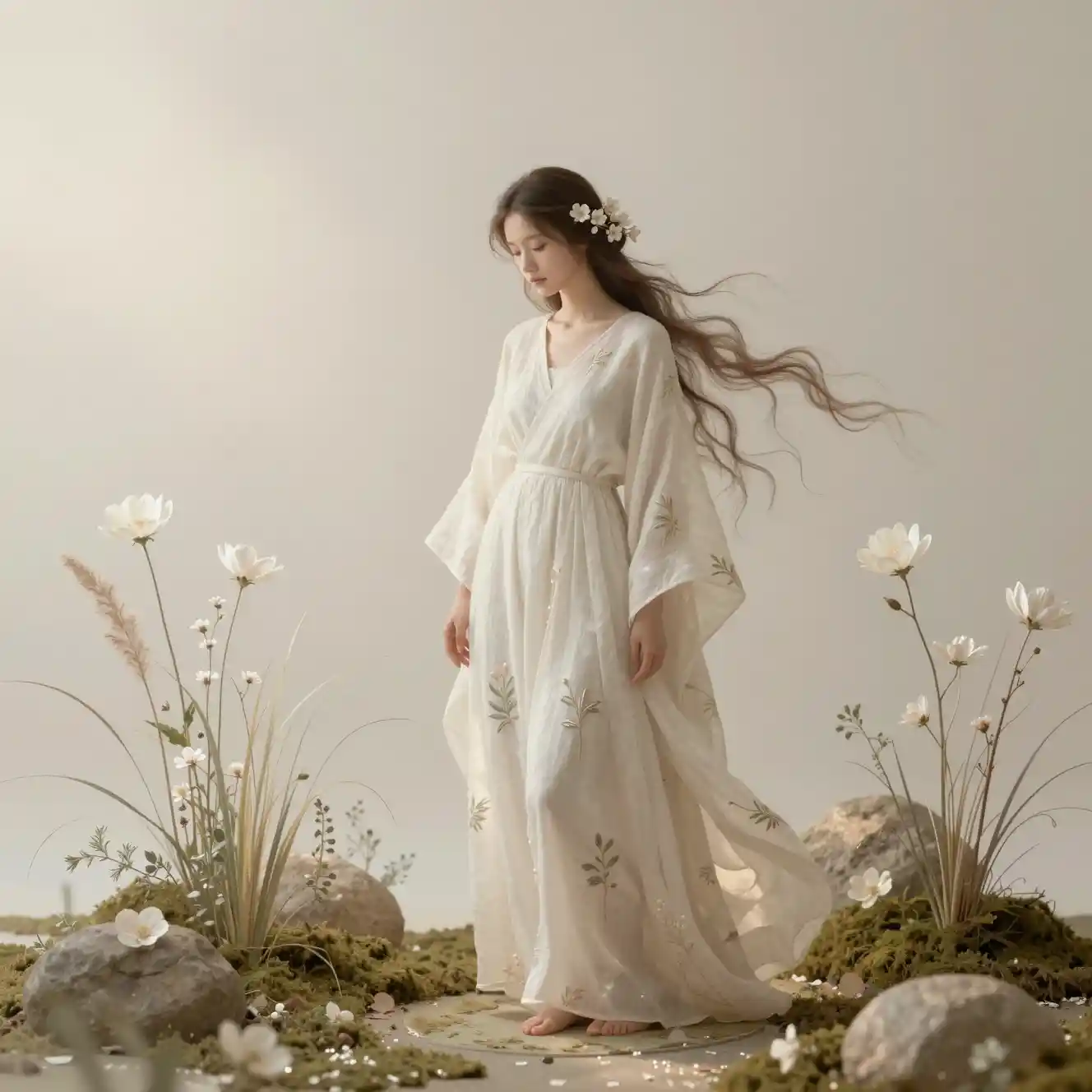 Ethereal Japandi Flower Fairy In A Minimalist Garden