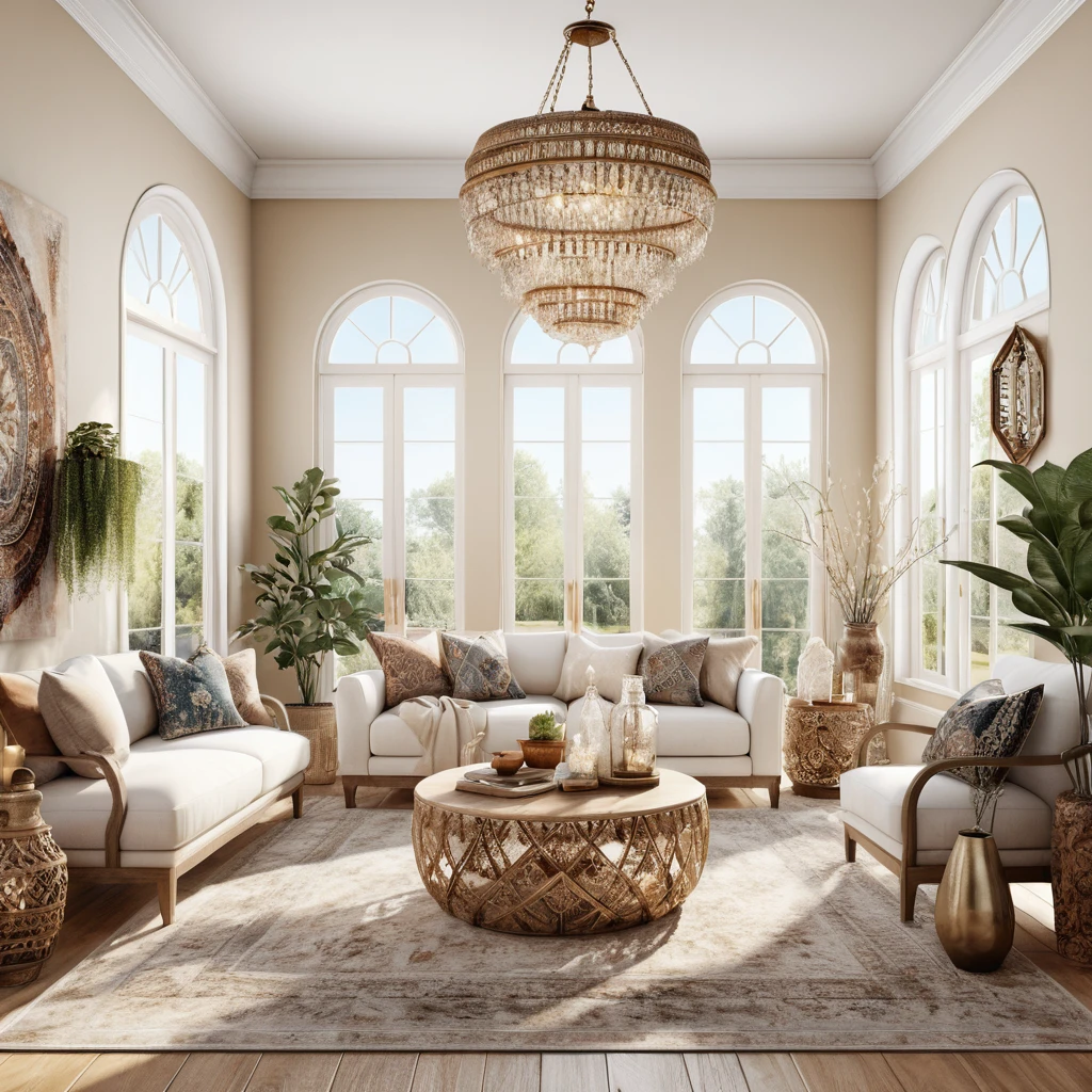 Elegant 3D living room interior with bohemian japandi design