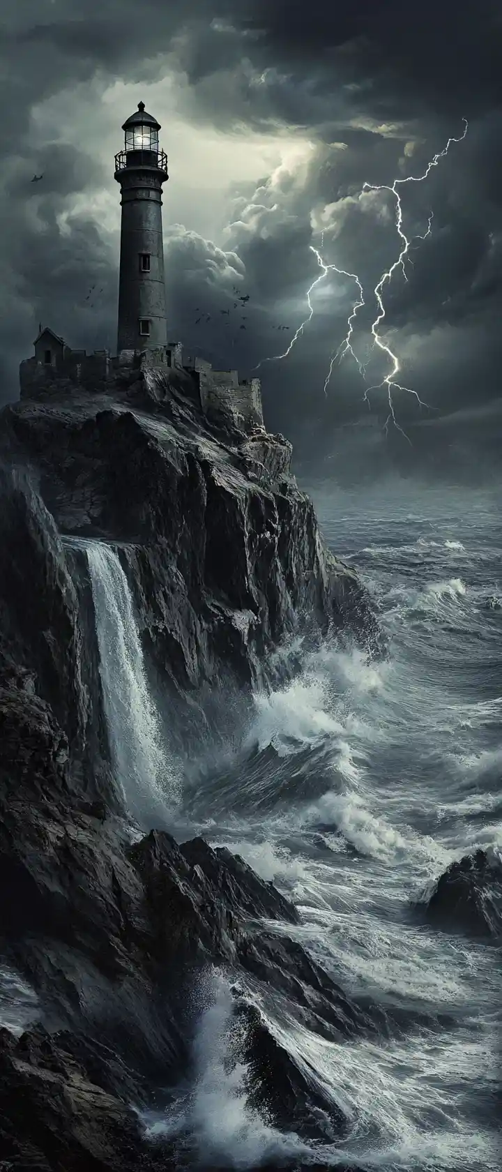 Lighthouse beacon on stormy sea above jagged coastal cliffs