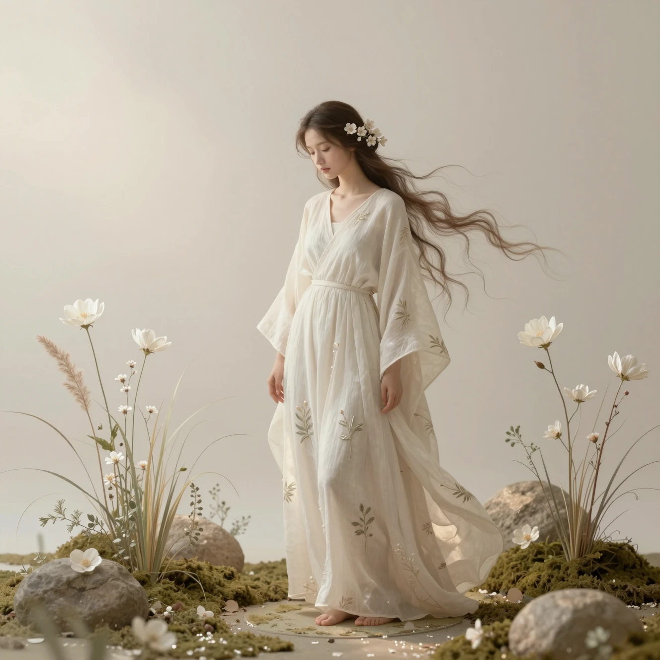 Ethereal Japandi Flower Fairy In A Minimalist Garden