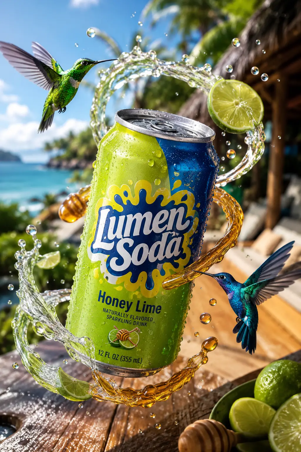 LumenSoda honey lime can with hummingbirds by tropical sea