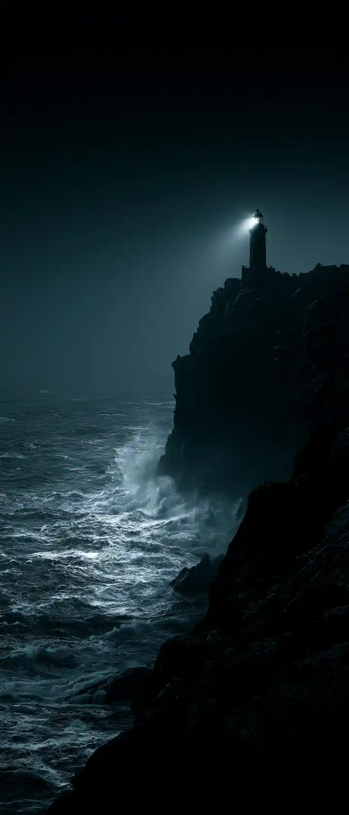 Solitary lighthouse above a stormy dark ocean cliff
