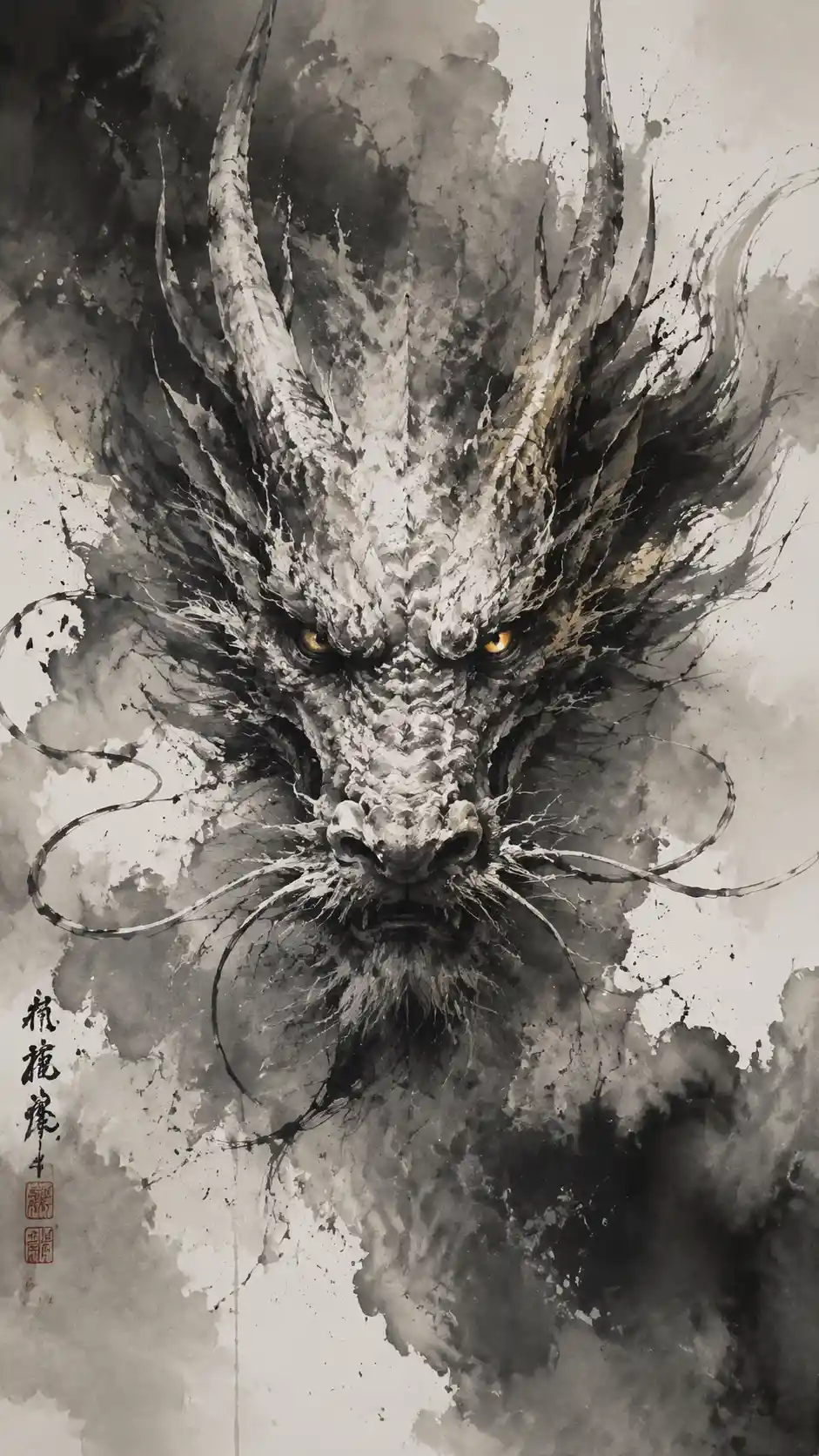 Expressive ink wash portrait of an ancient dragon face