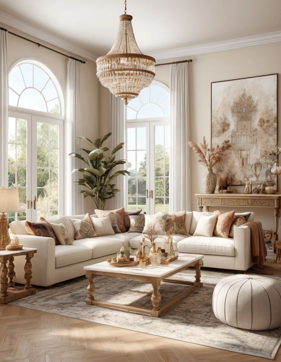 Elegant bohemian style living room interior in 3D rendering