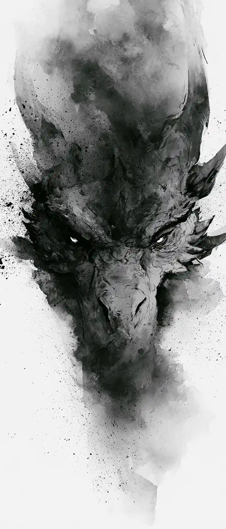 Ink wash portrait of an ancient dragon face in stormy tones