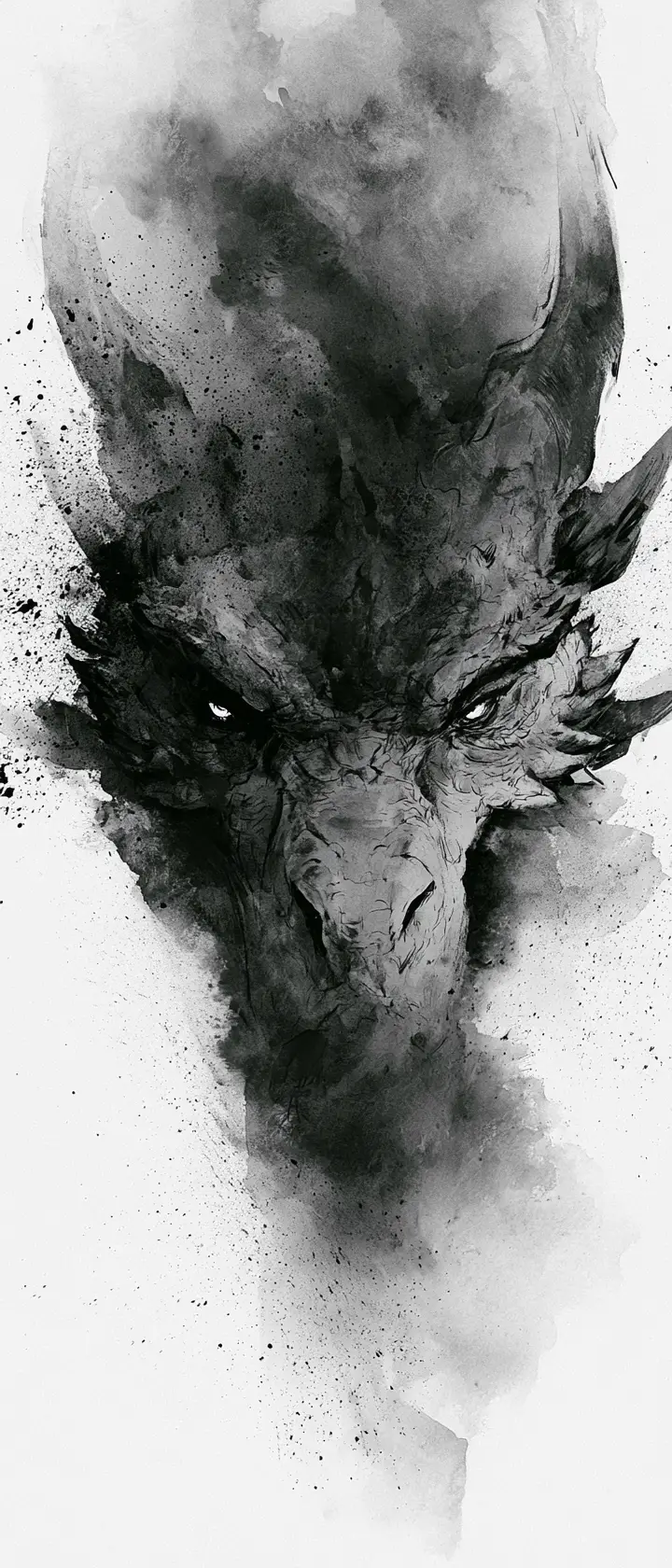 Ink wash portrait of an ancient dragon face in stormy tones