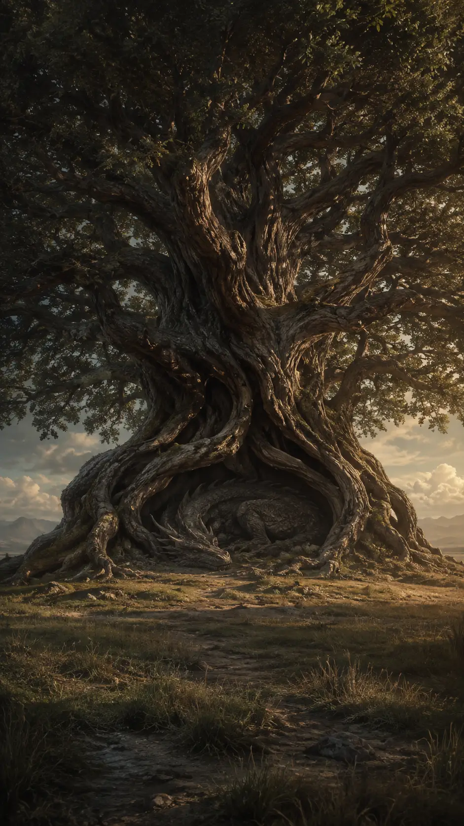 Ancient colossal tree in a vast empty forest clearing