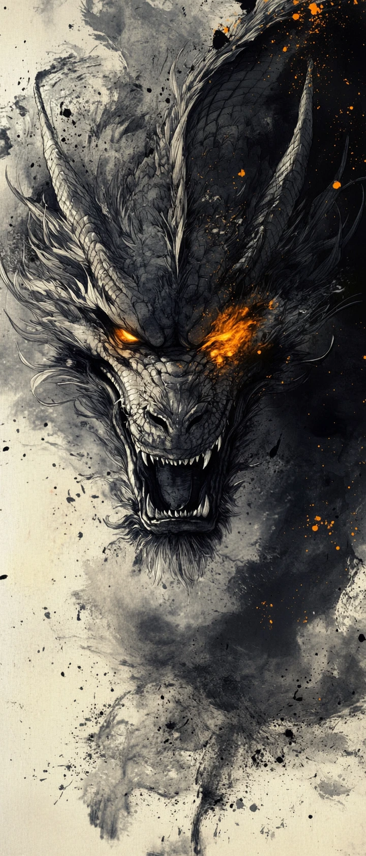 Expressive ink portrait of an ancient dragon face