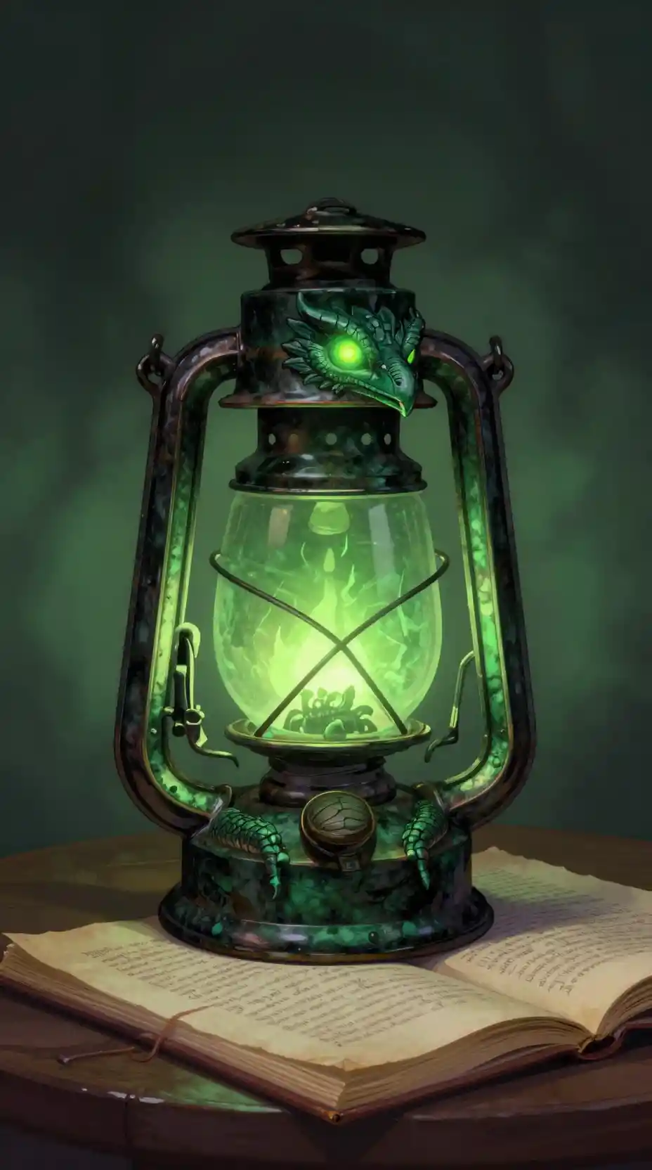 Ominous Green Lantern With Basilisk Motif On Grimoire