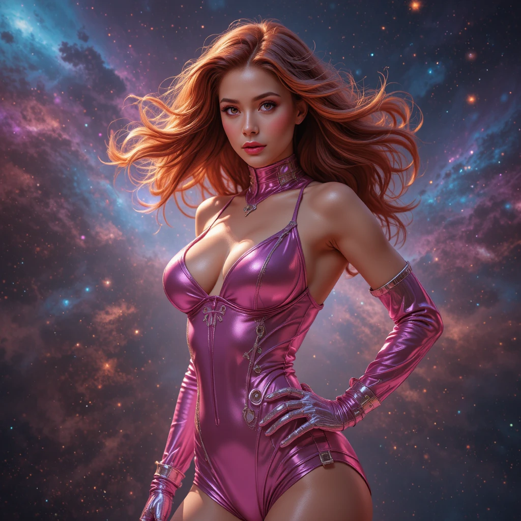 Glamorous woman in pink spacesuit posing before cosmic nebula