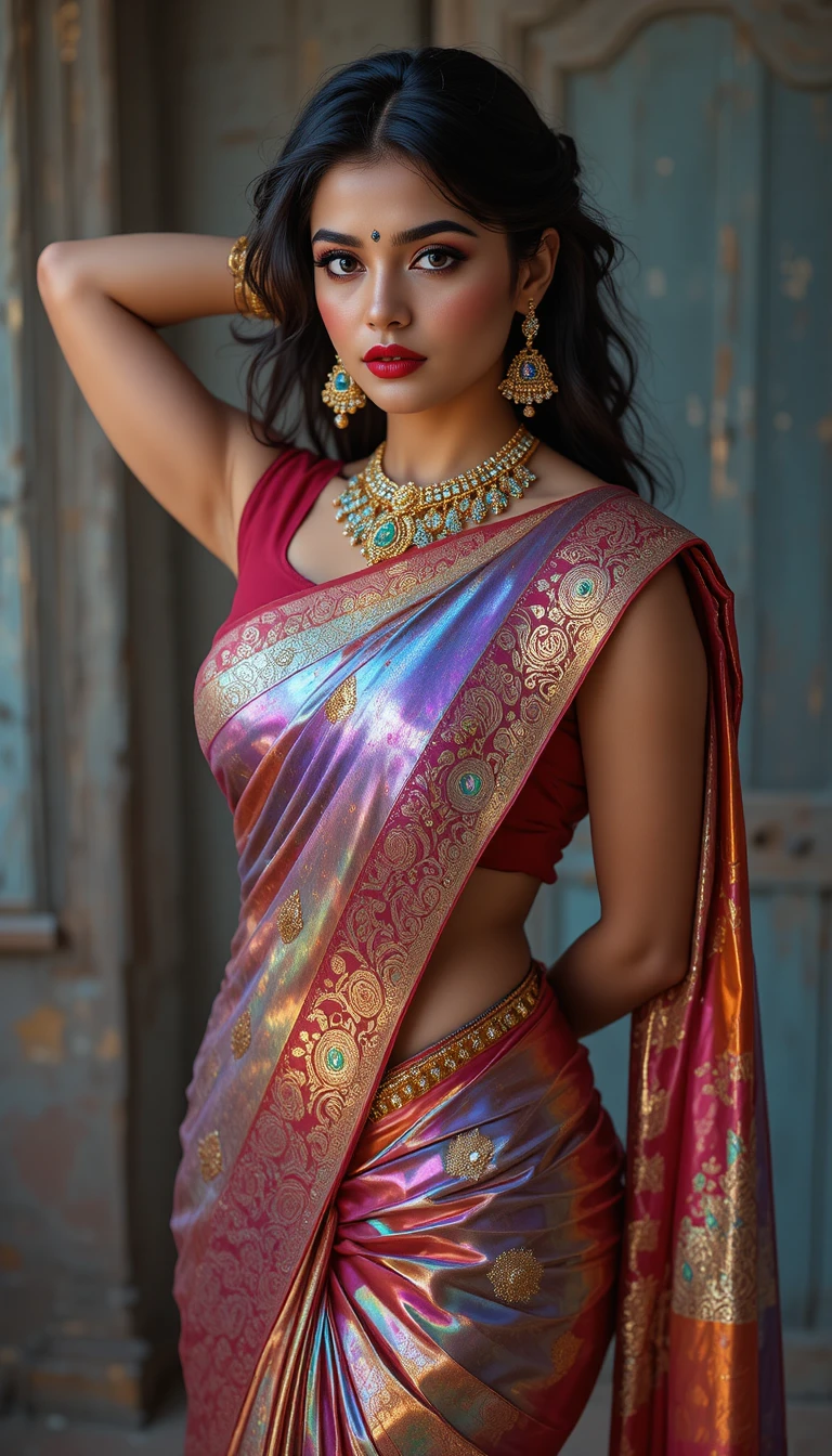 Indian woman in glossy mirror saree bending in full body pose