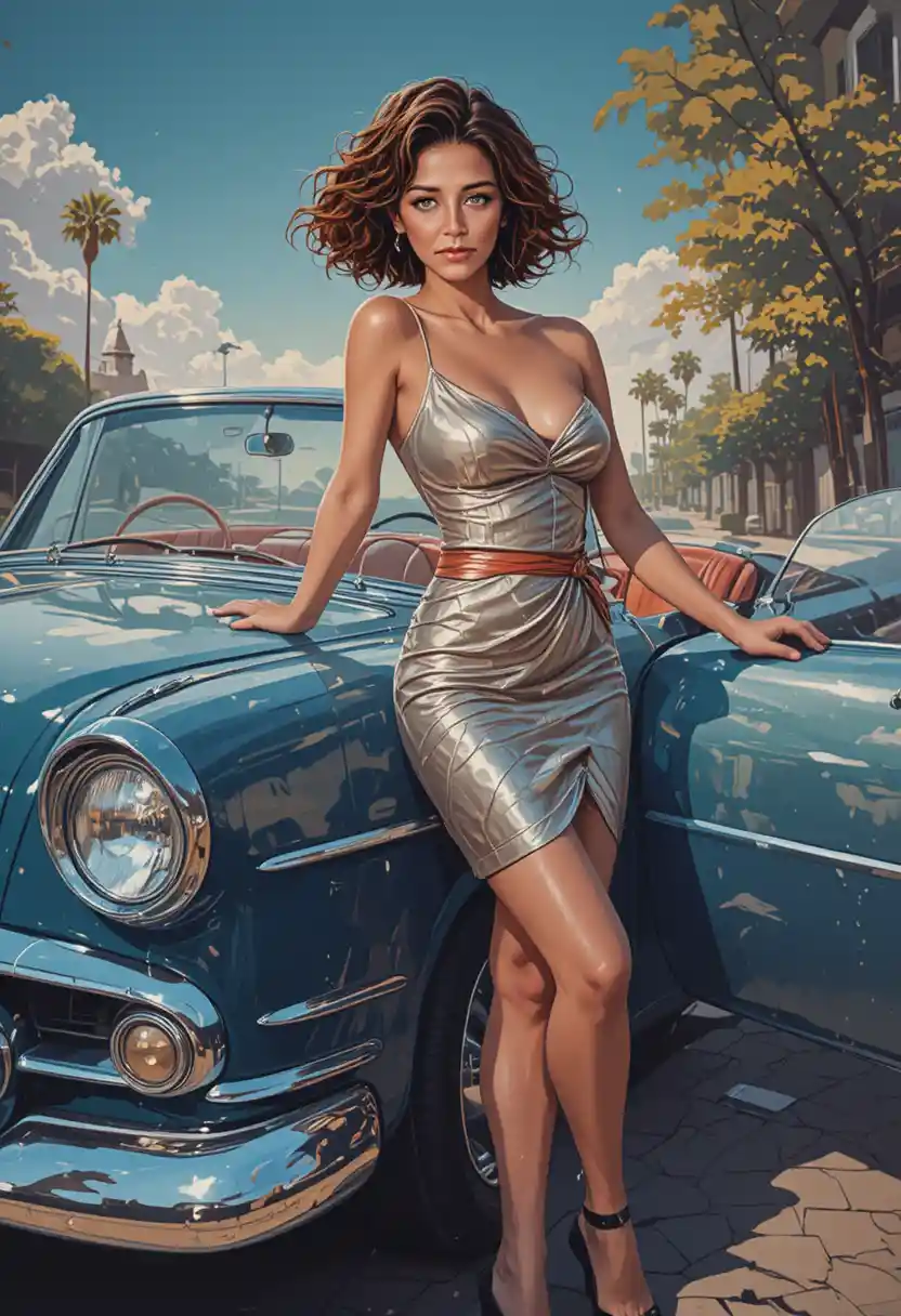 1950s pin up woman by a shiny classic convertible car