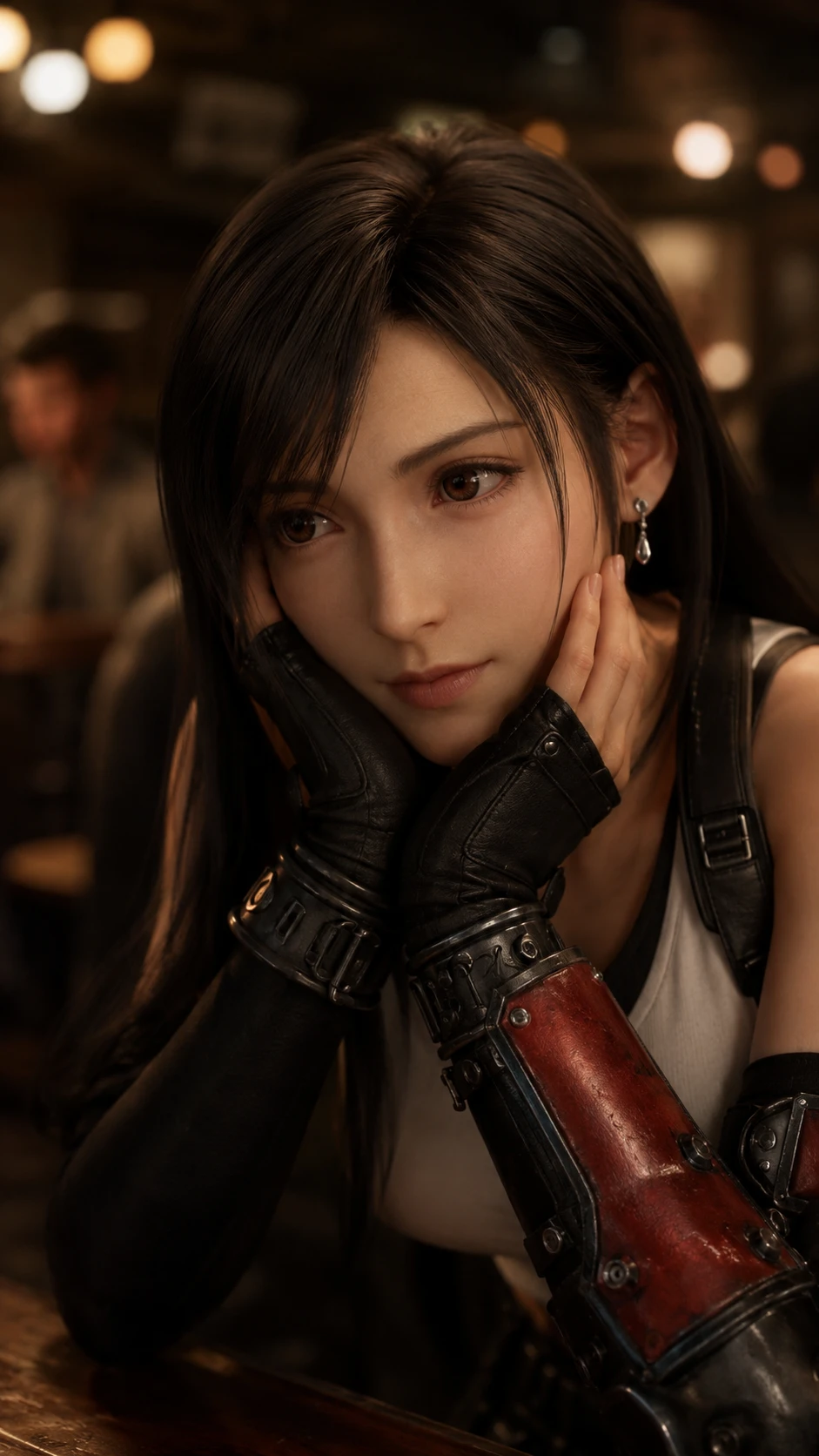 Cinematic close up of a pensive woman in a warm bar