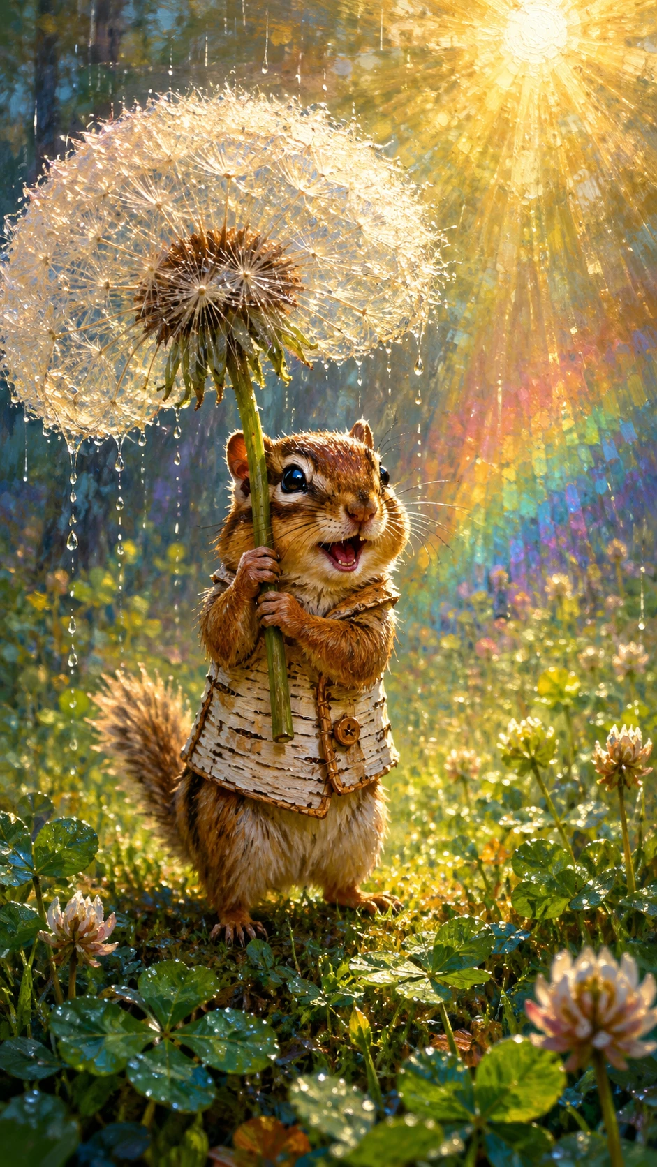 Cheerful Chipmunk With Dandelion Umbrella In Spring Rain