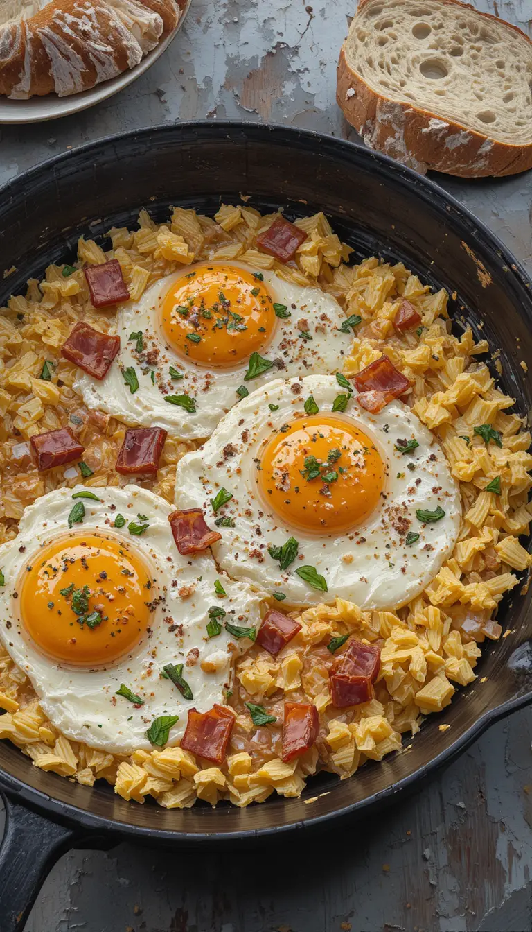 Impasto painting of scrambled eggs and bacon in skillet