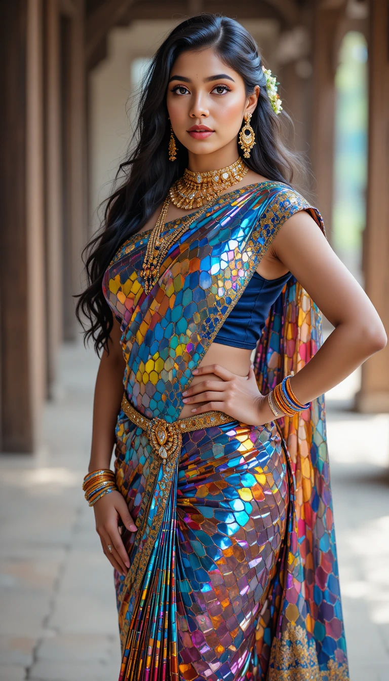 Tamil woman in glossy mirror saree full body pose