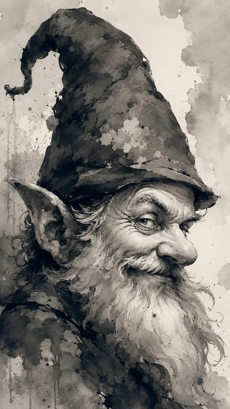 Whimsical ink portrait of a mischievous gnome in profile